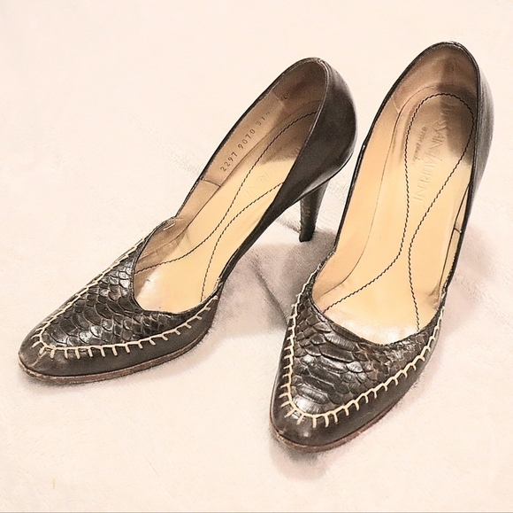 VINTAGE YSL HEELS 37.5/7 Yves Saint Laurent Brown Classic Exotic Leather 80s 90s - Picture 1 of 10